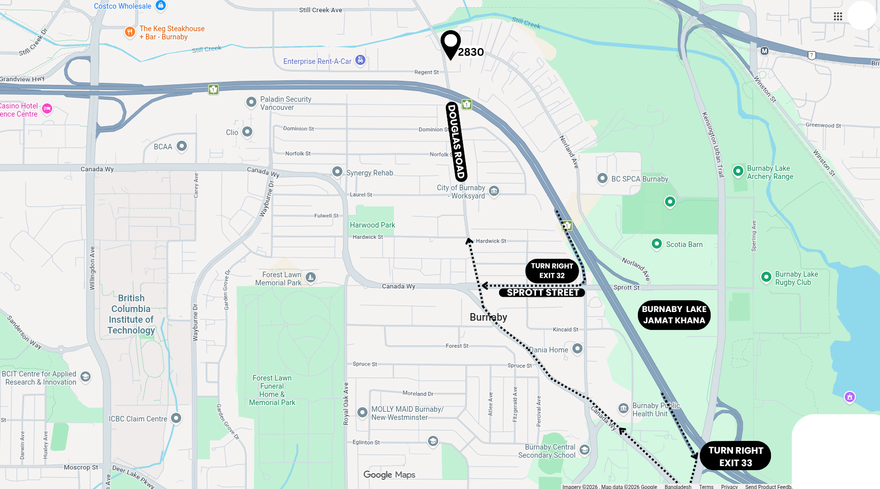 Map directions to 2830 Douglas Road, Burnaby